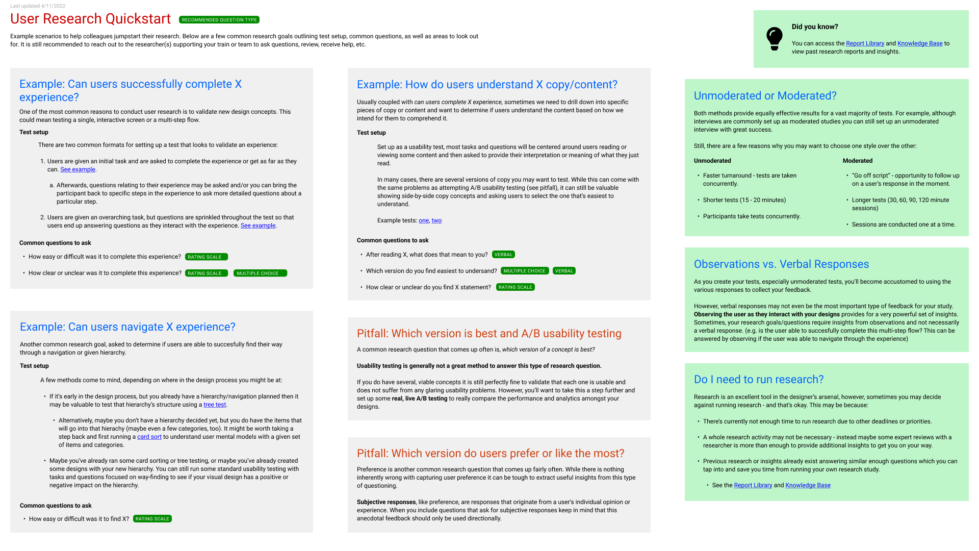 An image of a user research quickstart cheatsheet.