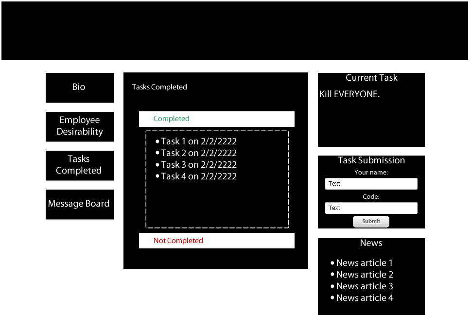 A high fidelity wireframe of the tasks screenallowing players to see current and completed tasks