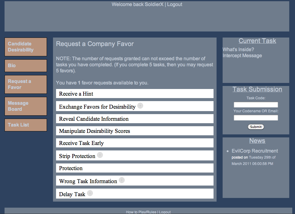 The final design of the Company Favors screen providing players another level of game interaction