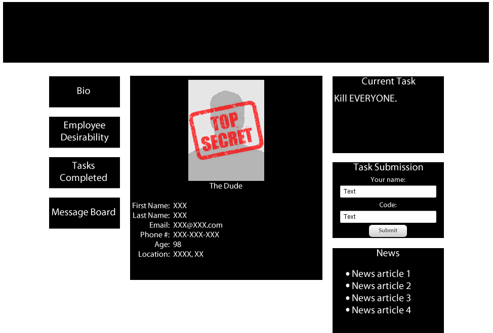 A high fidelity wireframe of the 'bio' concept that would allow players to spy on each other