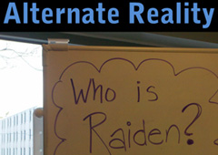 Picture of the Alternate Reality Game design, showing a whiteboard that says, 'Who is Raiden'?