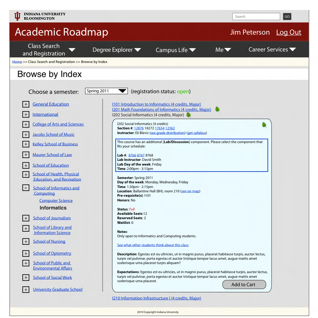 A higher fidelity mockup showing how students could search for and select classes they want to take