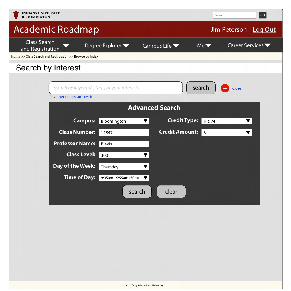 A higher fidelity mockup showing how students could search for classes by providing specific class details like class number, professor name, and credity type