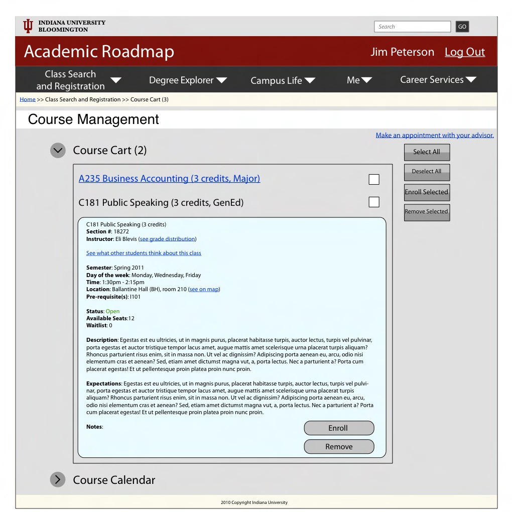 A mockup of the course cart, which would allow students to manage their selected classes to take and eventually enroll in them for the upcoming semester