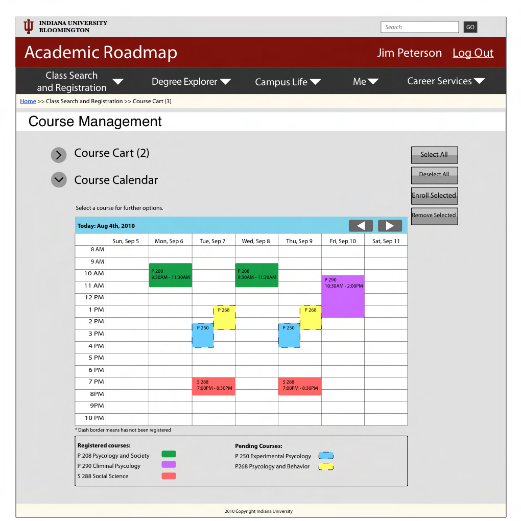 A mockup of a secondary view allowing students to view their selected courses via a calendar interface