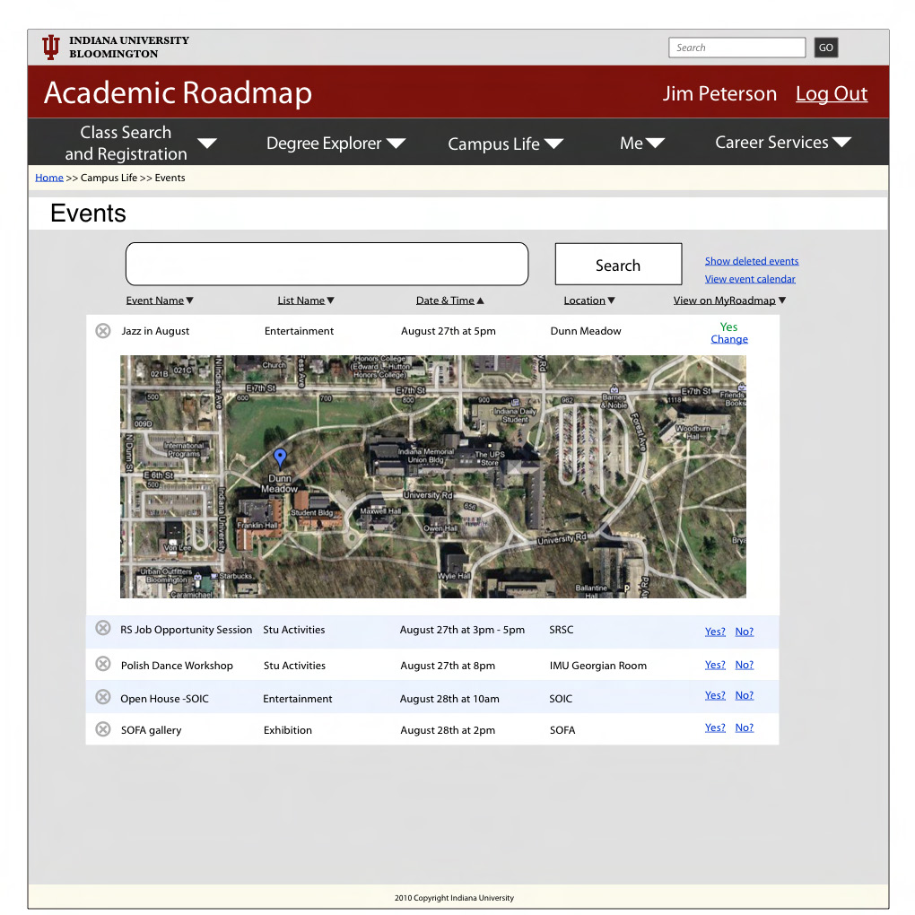 A mockup showing an Events interface allowing users to view current and upcoming university events