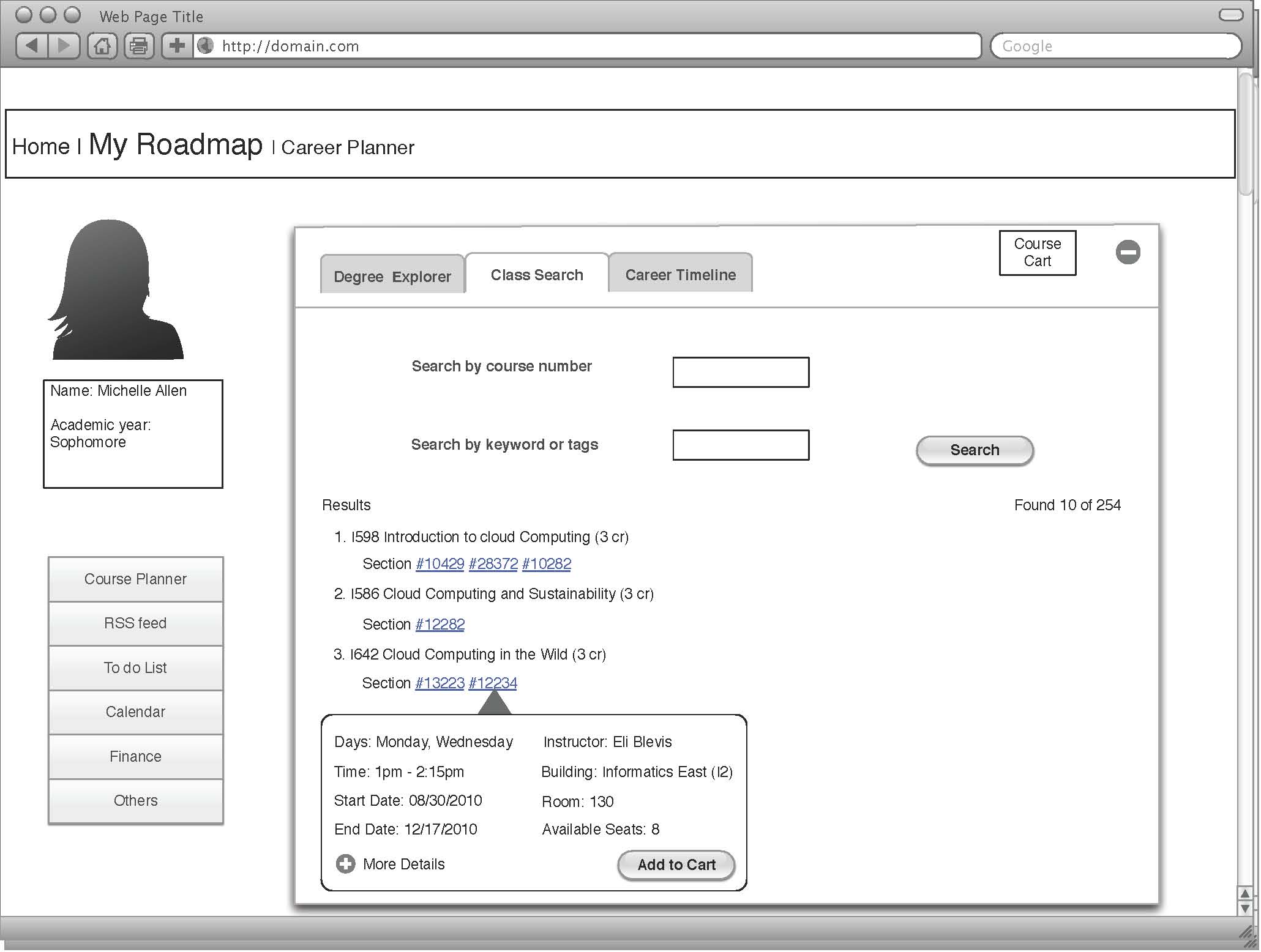 A wireframe showing how users would search for classes